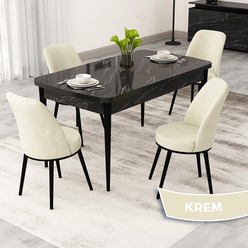 Masa Siyah Mermer Desen Sandalye Krem Renk