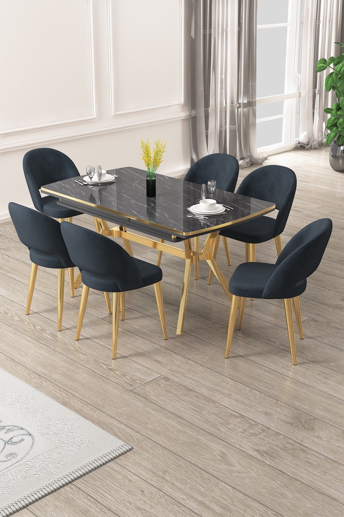 Weps Serisi 89x150 Açılabilir Lak Panel Siyah Mermer Gold Ayak Masa Takımı ve 6 Antrasit Sandalye