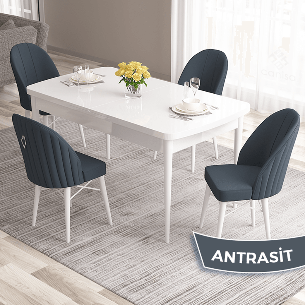 Roz Serisi 80x132 Açılabilir Mdf Gümüş Halka Beyaz Masa Takımı Ve 4 Sandalye