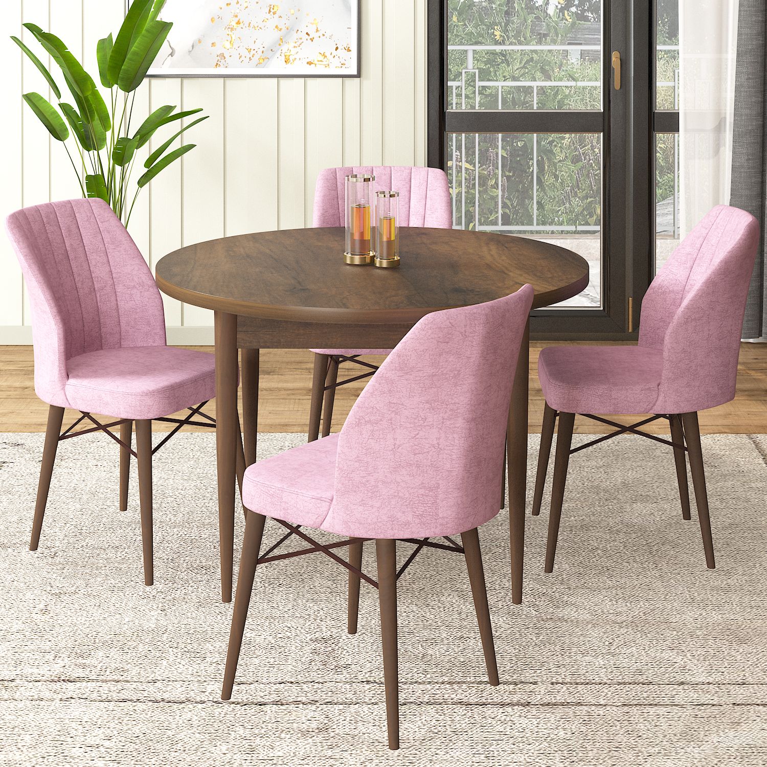 barok ahşap desen masa, pembe sandalye