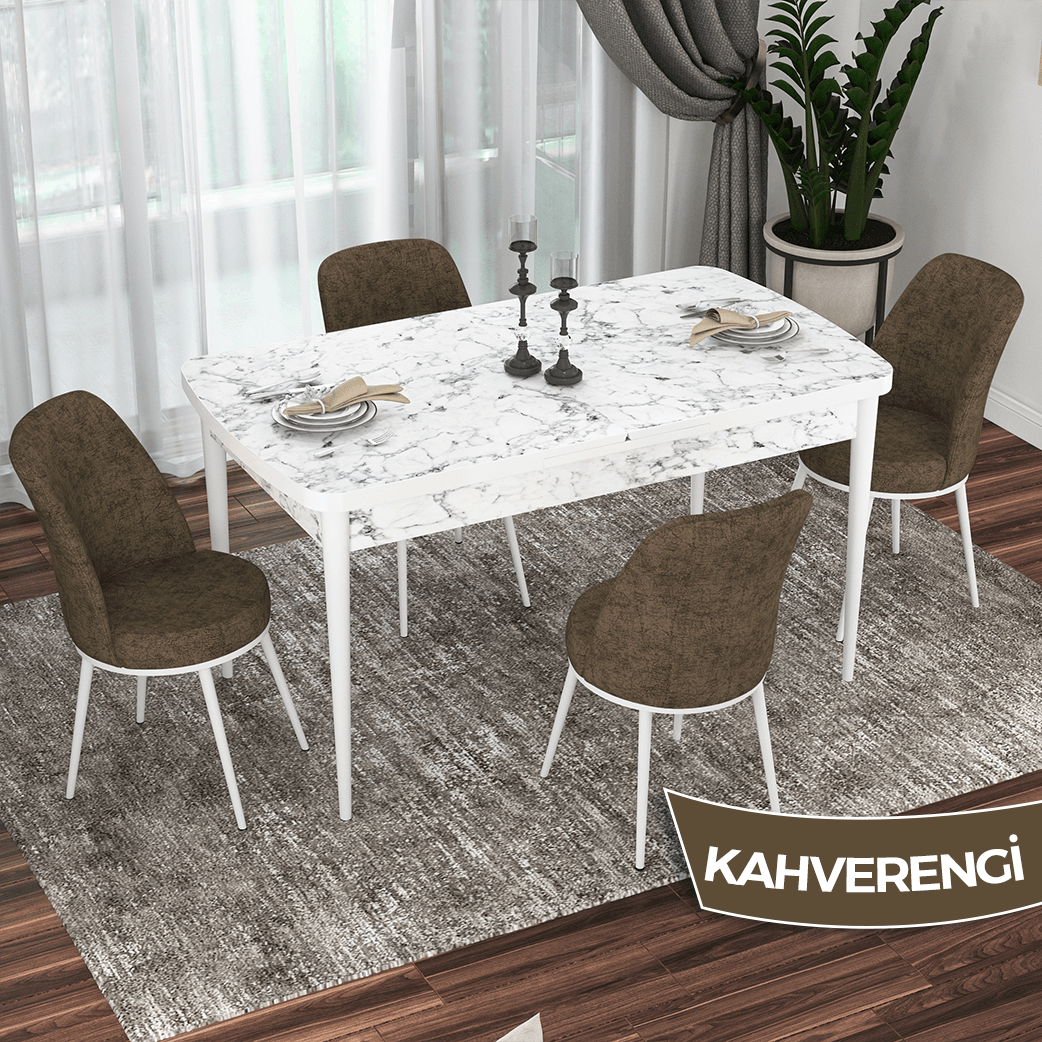 Kor Serisi 70x114 Beyaz Mermer Desen Mutfak Masası Takımı ve 4 Sandalye