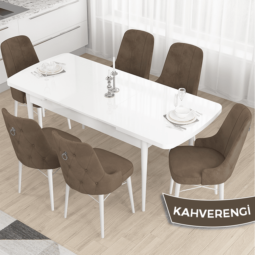 Taç Serisi 80x132 Açılabilir Gümüş Halka Beyaz Masa Takımı ve 6 Sandalye