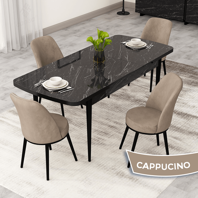 Masa Siyah Mermer Desen Sandalye Cappucino Renk