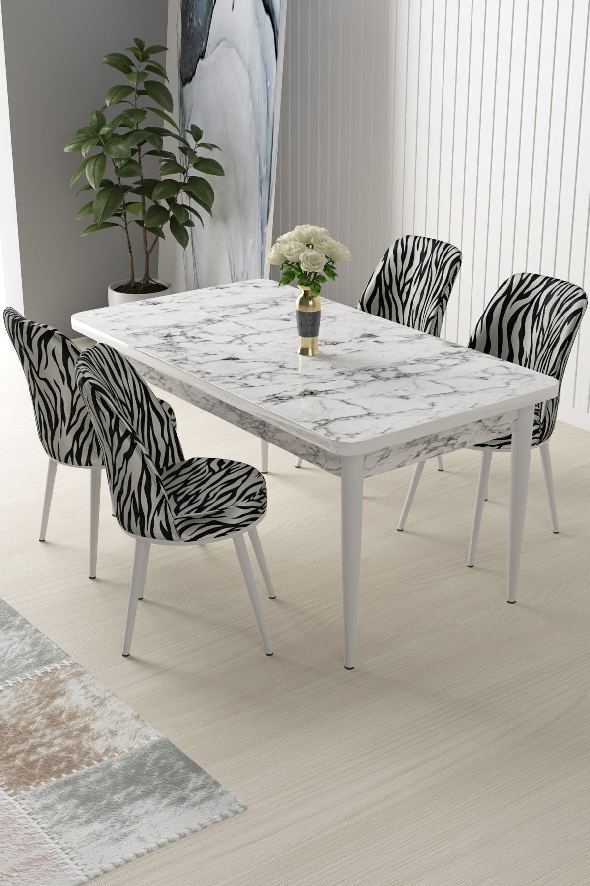 Nil Serisi 70x110 Sabit Mutfak Masası Takımı Beyaz Mermer Desen Masa 4 Zebra Desen Sandalye