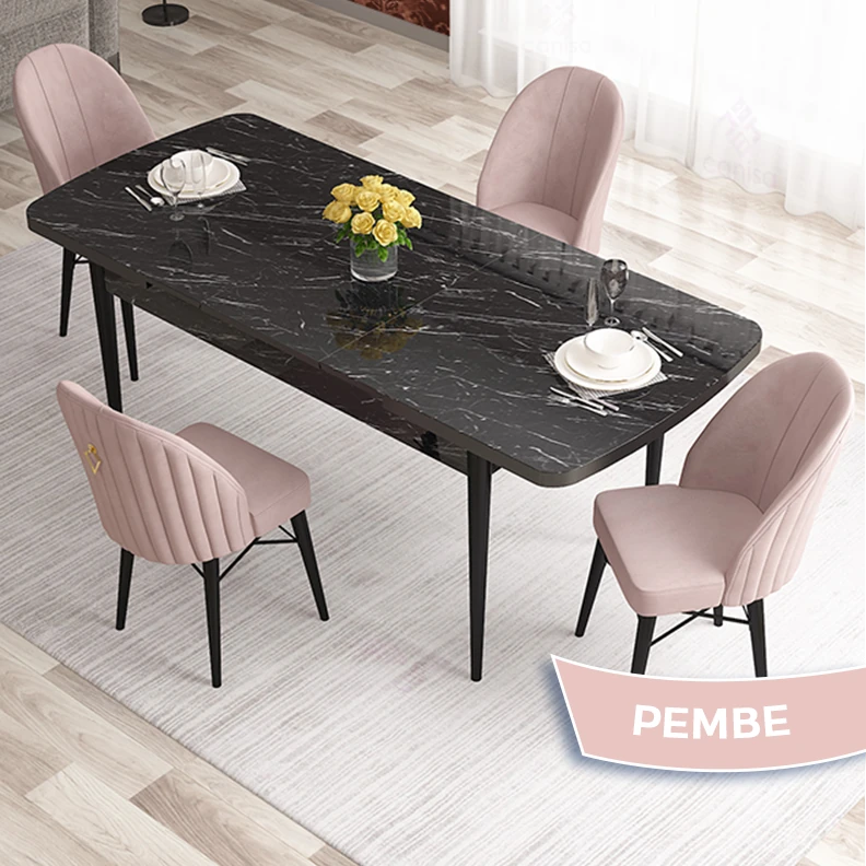 Sandalye Pembe Siyah Mermer Desen Masa