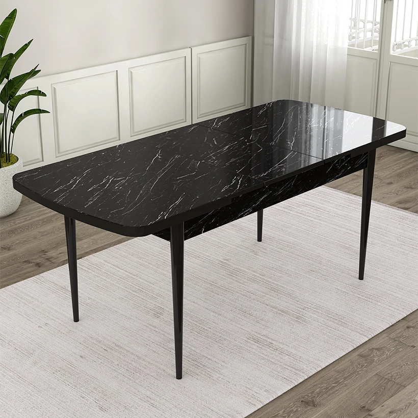 Elf Serisi 80x132 Açılabilir Siyah Mermer Desen Masa Takımı ve 4 Sandalye