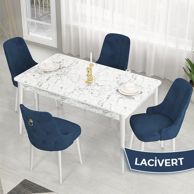 beyaz mermer masa,laci̇vert sandalye