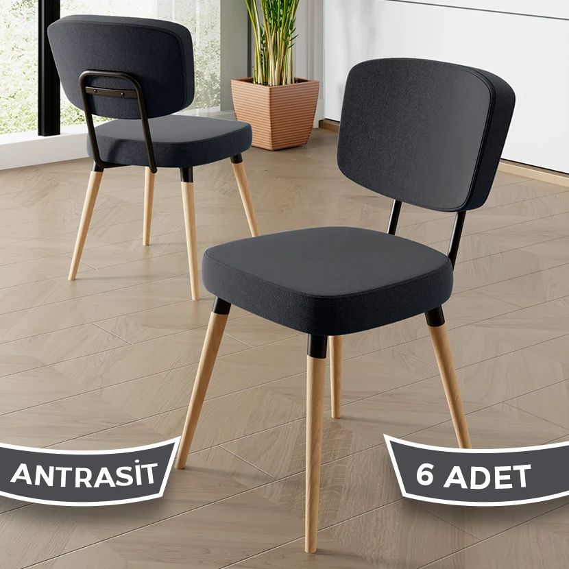 Nubba Serisi 6 adet Mutfak Sandalyesi Gürgen Doğal Ahşap Ayak Siyah Detay