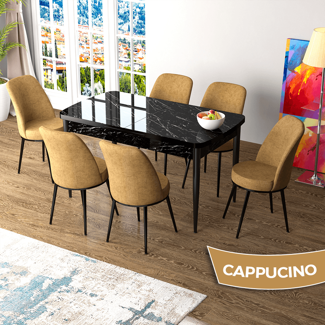 Masa Siyah Mermer Desen Sandalye Cappucino Renk