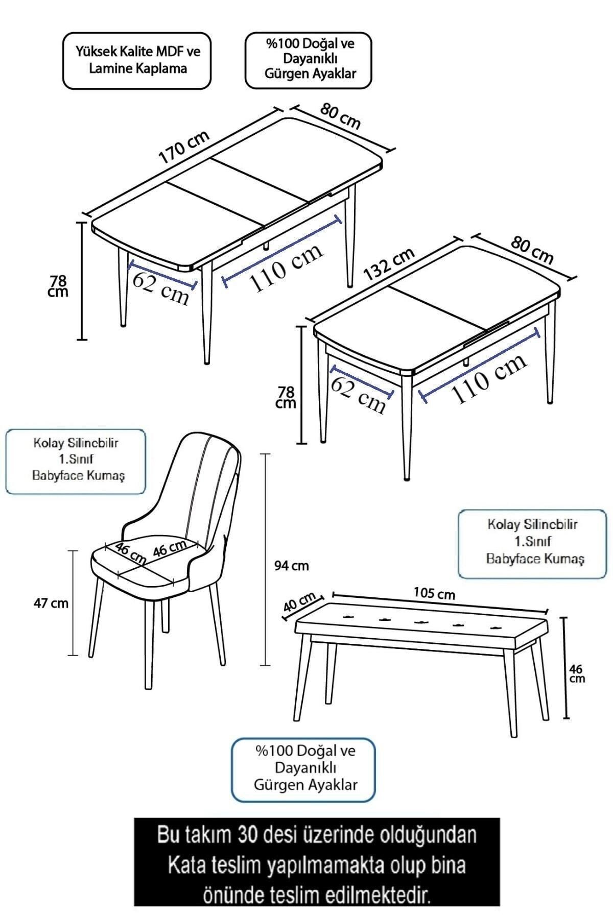 Roy Serisi 80x132 Mdf Açılabilir Beyaz Masa Ceviz Ayak Masa Takımı 4 Sandalye Ve 1 Bench