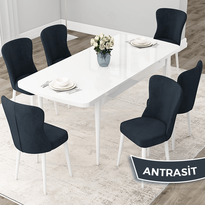 Due Serisi 80x132 Açılabilir Beyaz Masa Takımı Ve 6 Sandalye