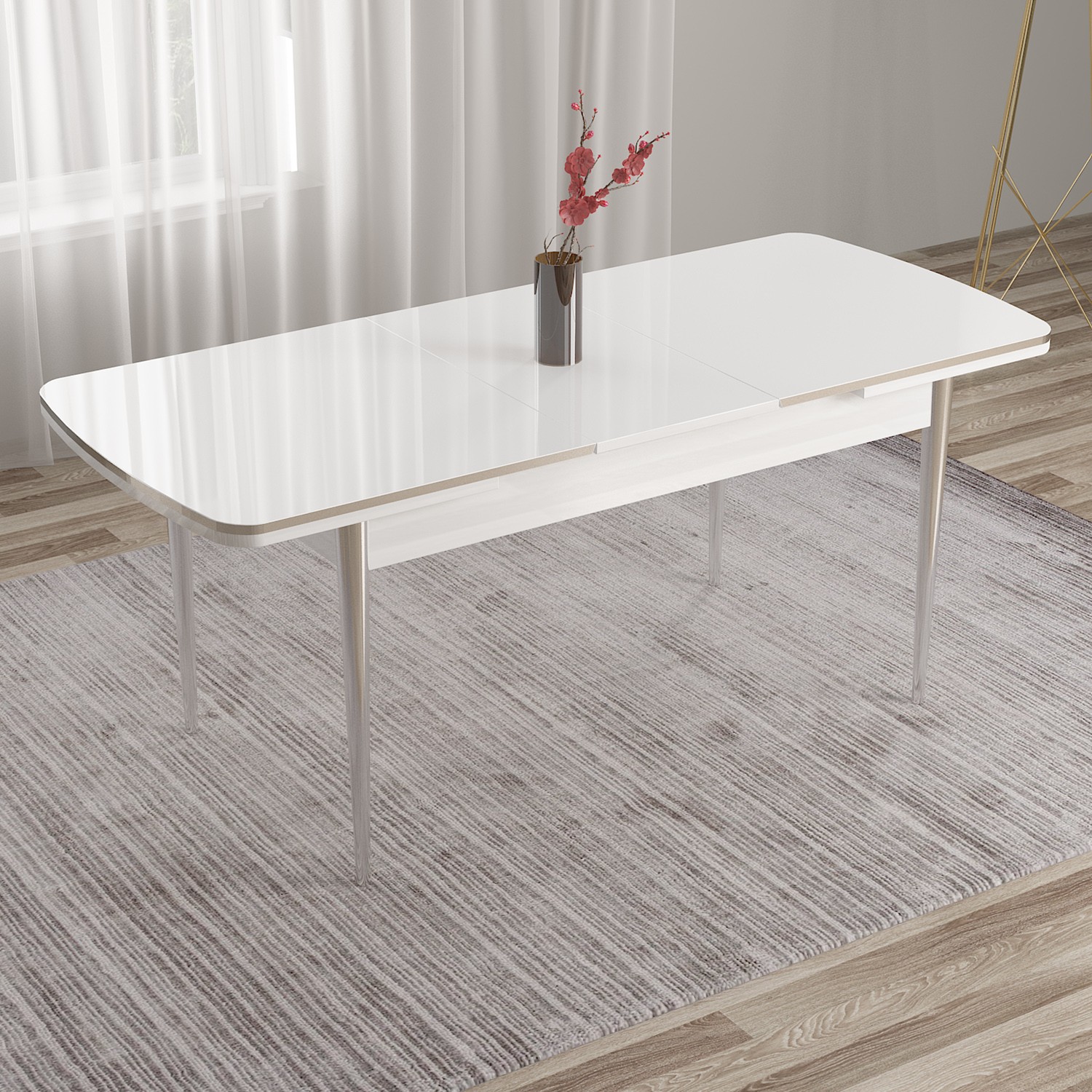 Tia Serisi 80x132 Mdf Açılabilir Krom Ayak Beyaz Masa Takımı Ve 4 Sandalye