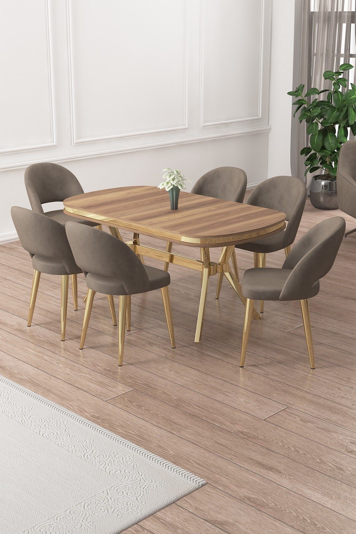 Jita Serisi 90x168 Lak Panel Hazar Masa ve 6 Sandalye Gold Kaplama Ayak