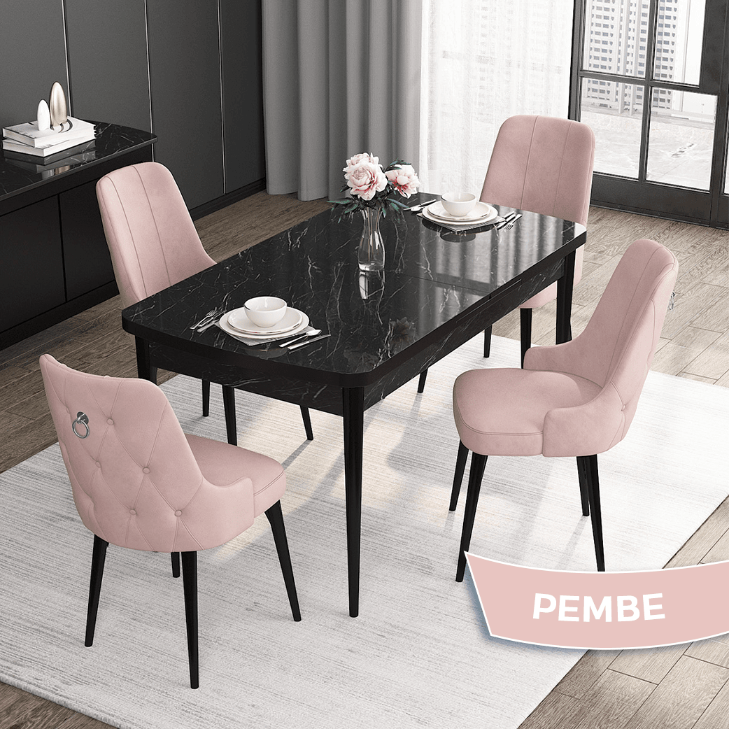 Sandalye Pembe Siyah Mermer Desen Masa