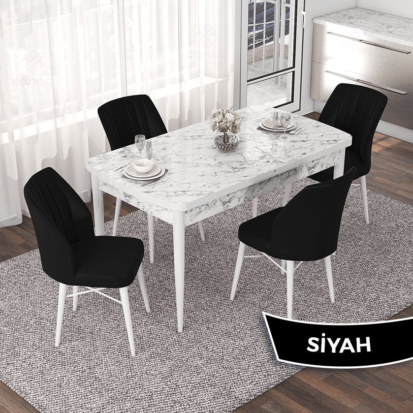 Masa Beyaz Mermer Desen Siyah Sandalye