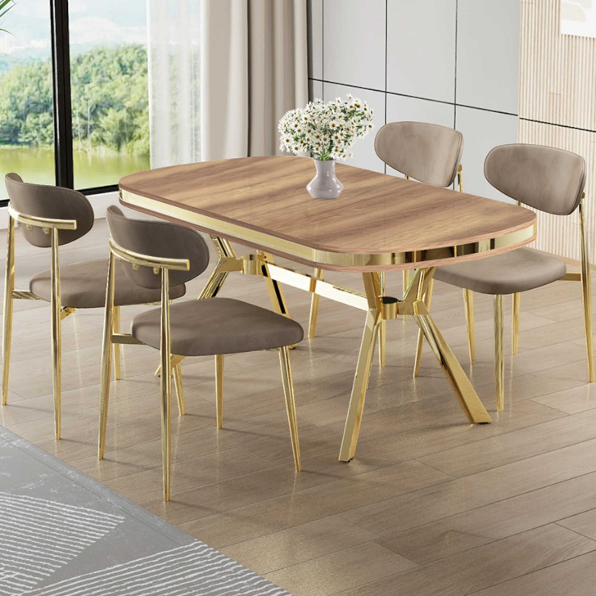 Hazar Masa Cappucino Sandalye Ayaklar Gold.