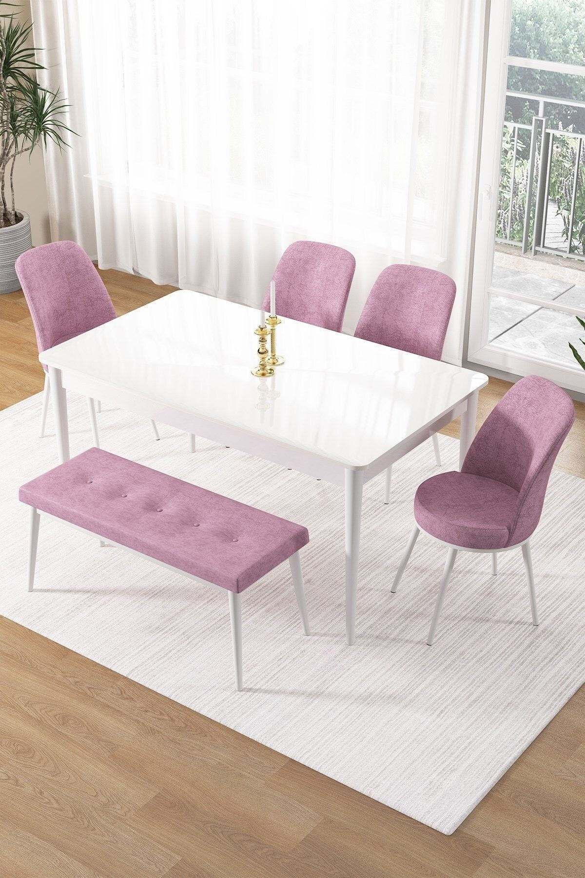 Pir Serisi 80x130 Sabit Beyaz Masa Takımı 4 Sandalye Ve 1 Bench