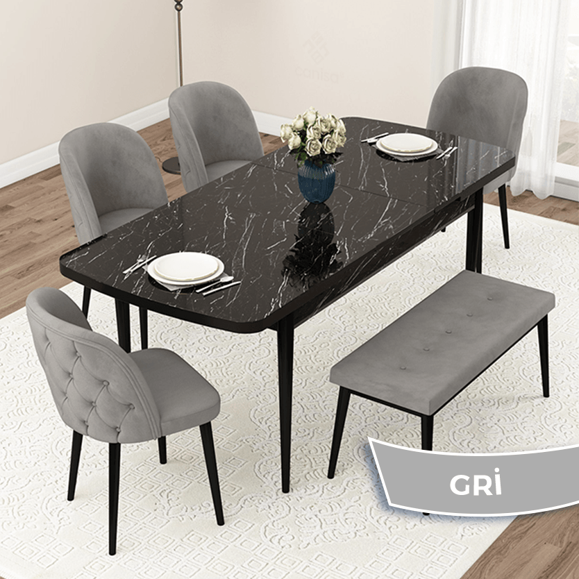 Jae Serisi 80x132 Açılabilir Siyah Mermer Desen Masa Takımı 4 Sandalye Ve 1 Bench