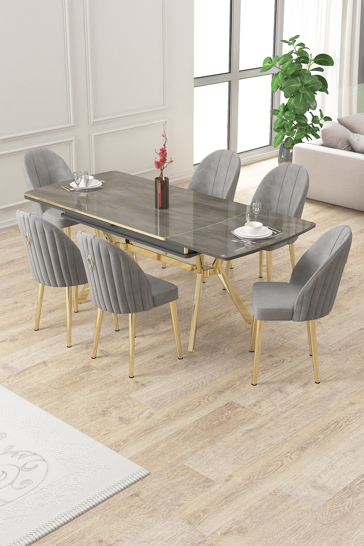 Sim Serisi 89x150 Açılabilir Lak Panel Antrasit İroni Masa ve 6