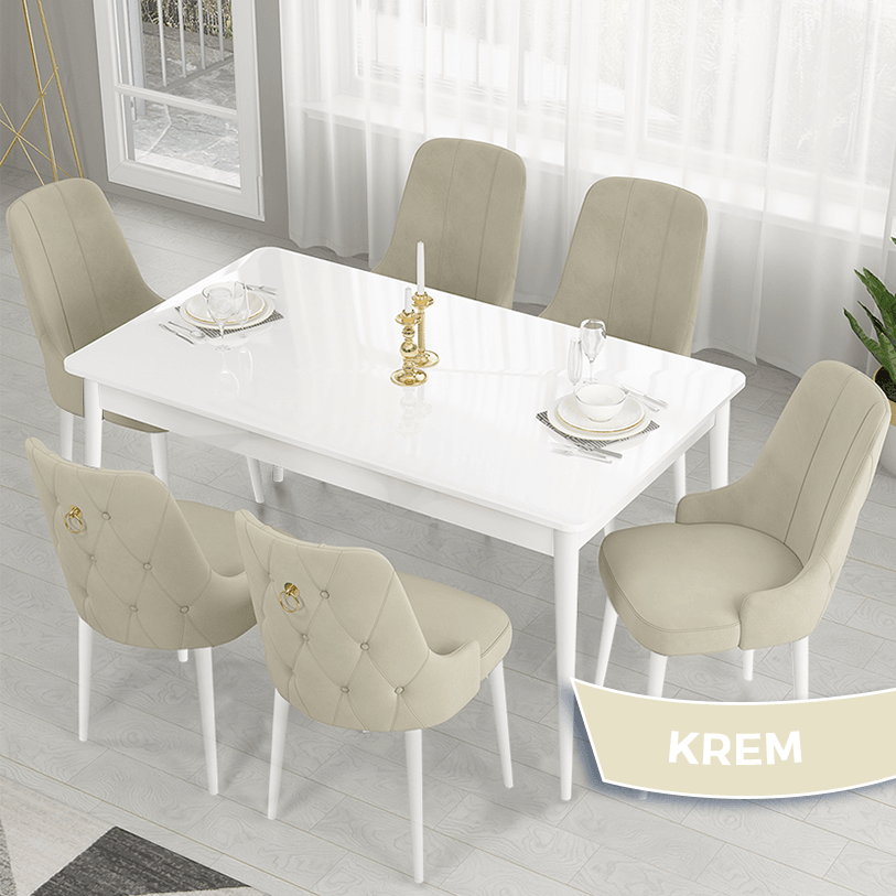 Lav Serisi 80x130 Sabit Beyaz Masa Takımı Ve 6 Sandalye