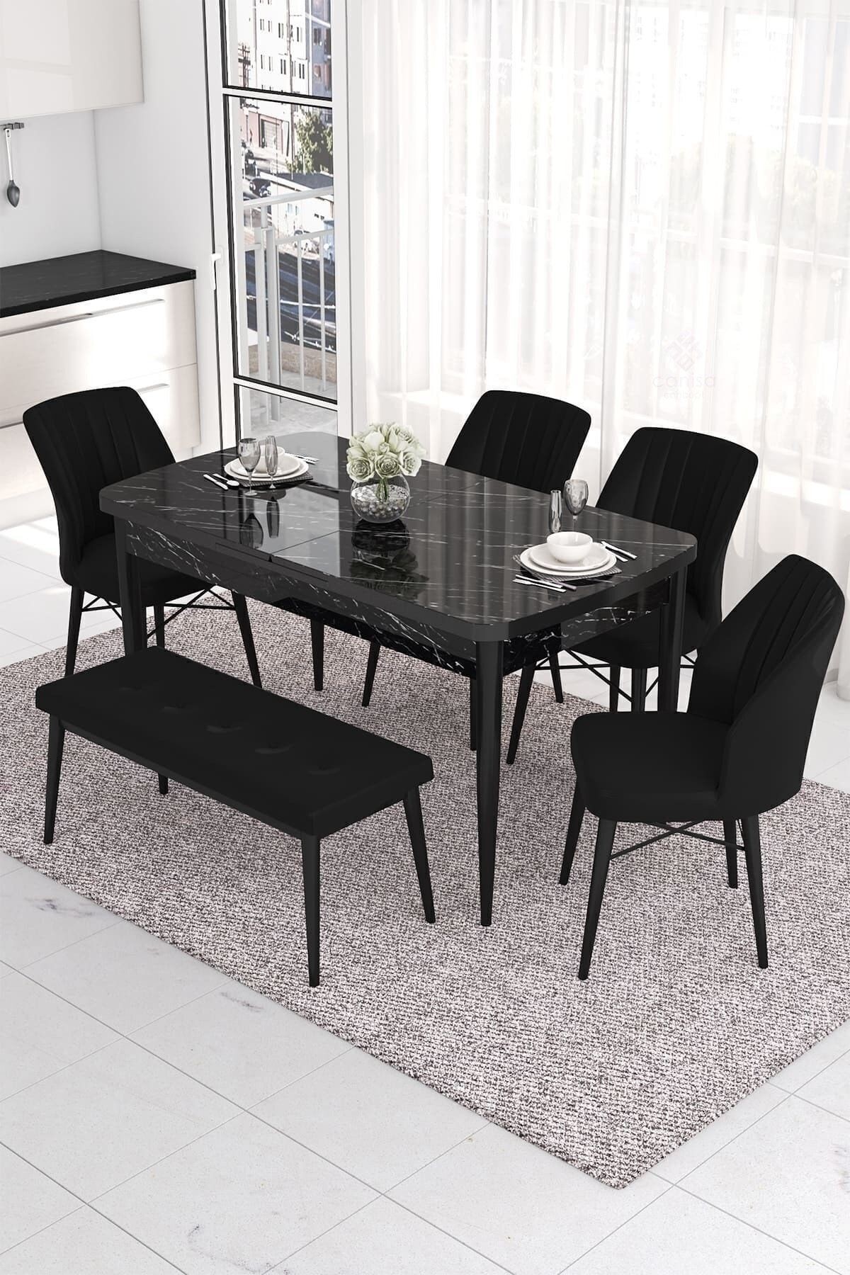 masa siyah mermer desen sandalyeler ve bench siyah