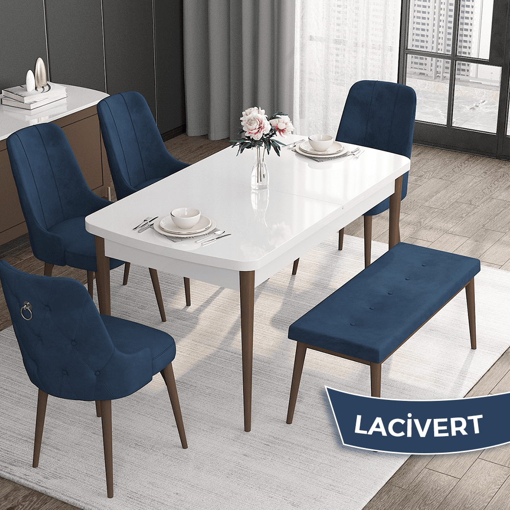 Noa Serisi 80x132 Mdf Açılabilir Gümüş Halka Beyaz Masa Ceviz Ayak Masa Takımı Ve 4 Sandalye Ve 1 Bench