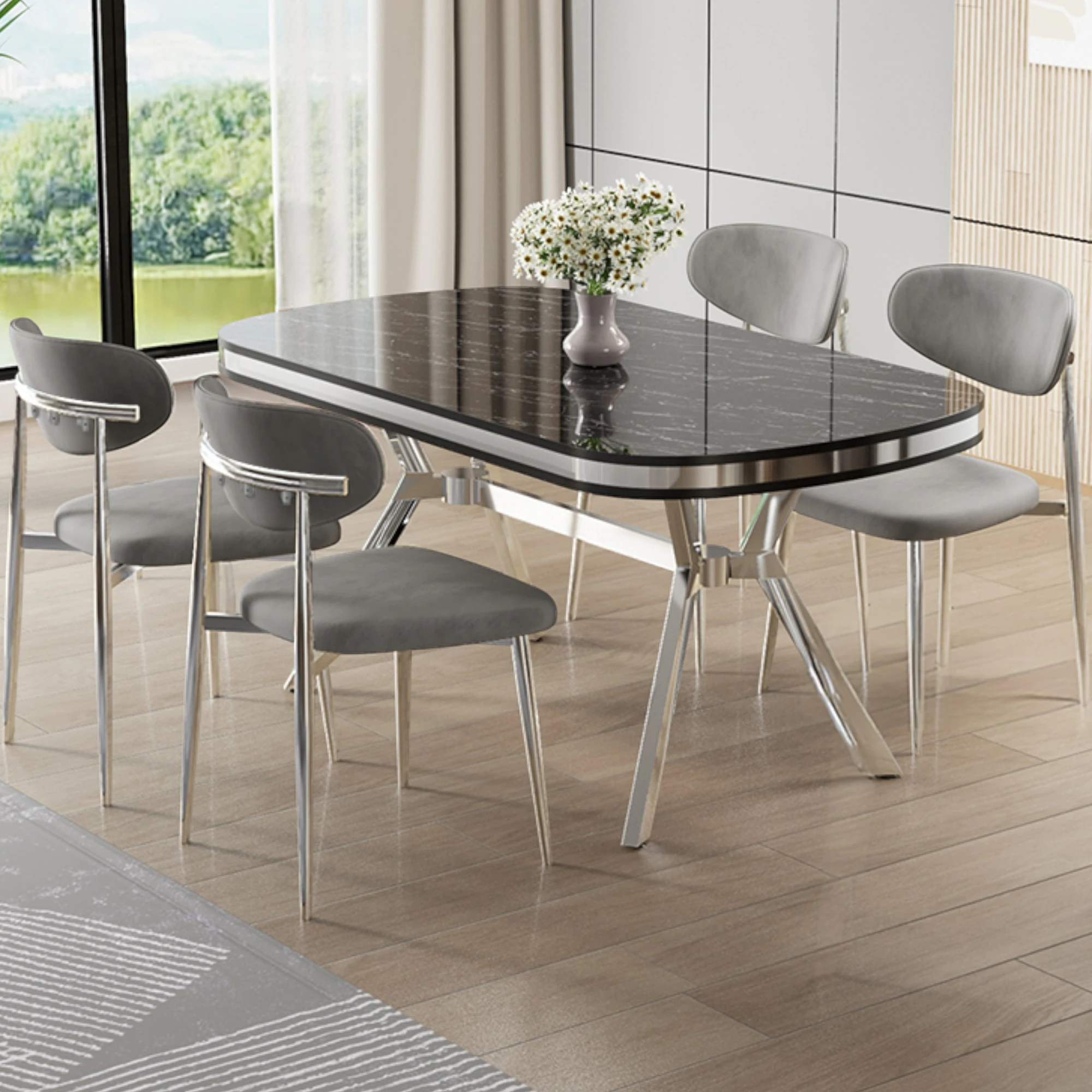 Olya Serisi 90x168 Lak Panel Sonata Masa Takımı Krom Ayaklı 4 Sandalye