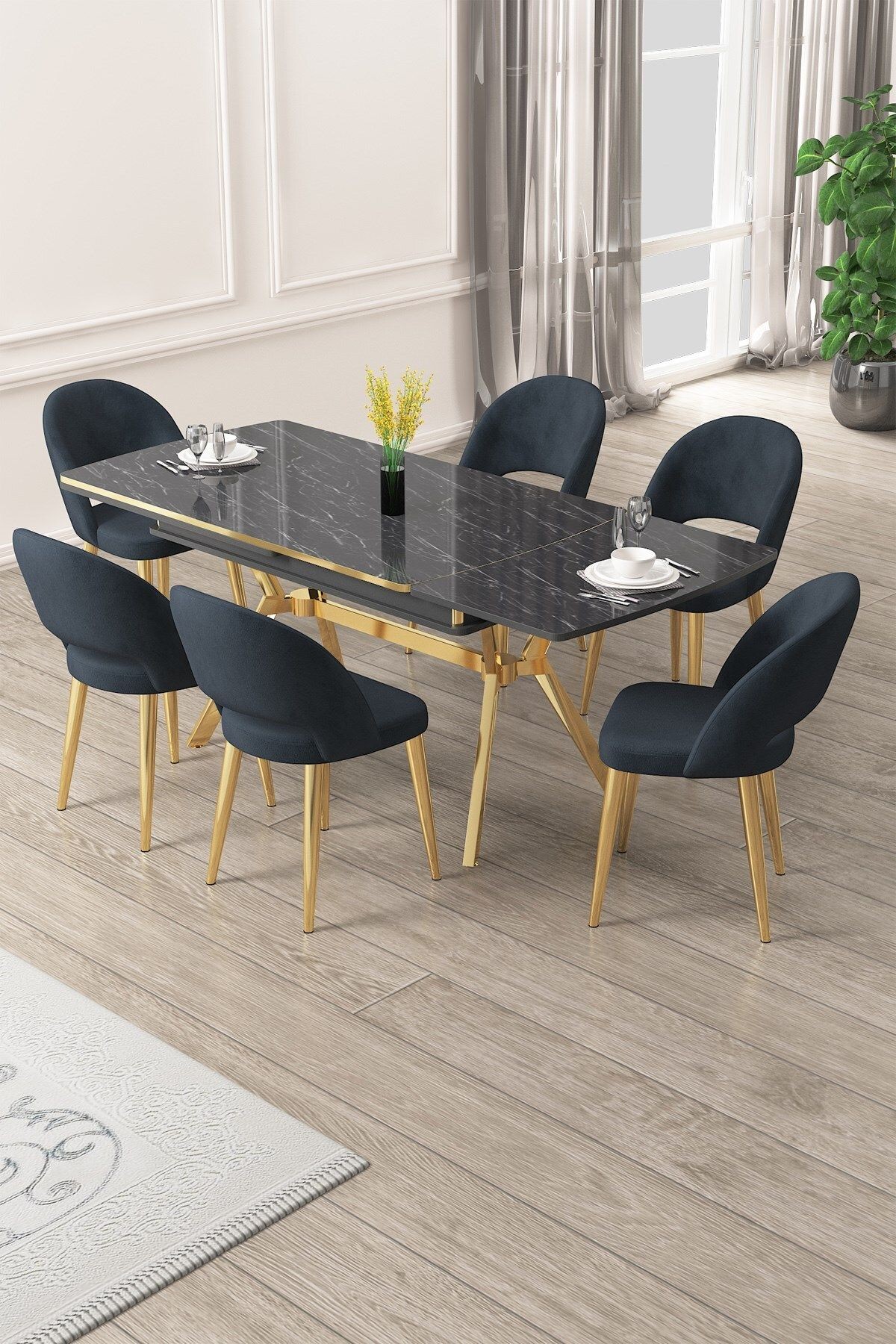 Weps Serisi 89x150 Açılabilir Lak Panel Siyah Mermer Gold Ayak Masa Takımı ve 6 Antrasit Sandalye