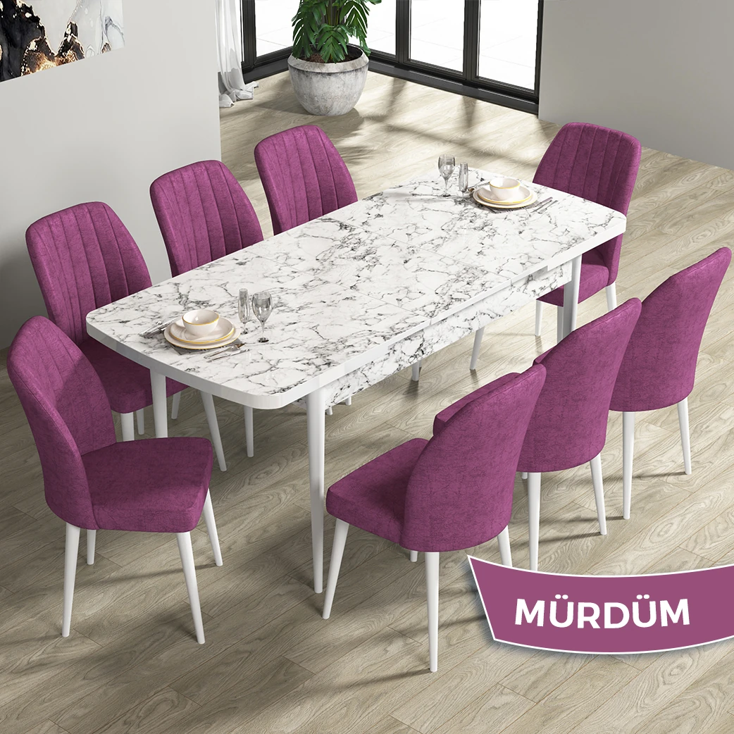 Beyaz Mermer Desen Masa Mor Renk Sandalye