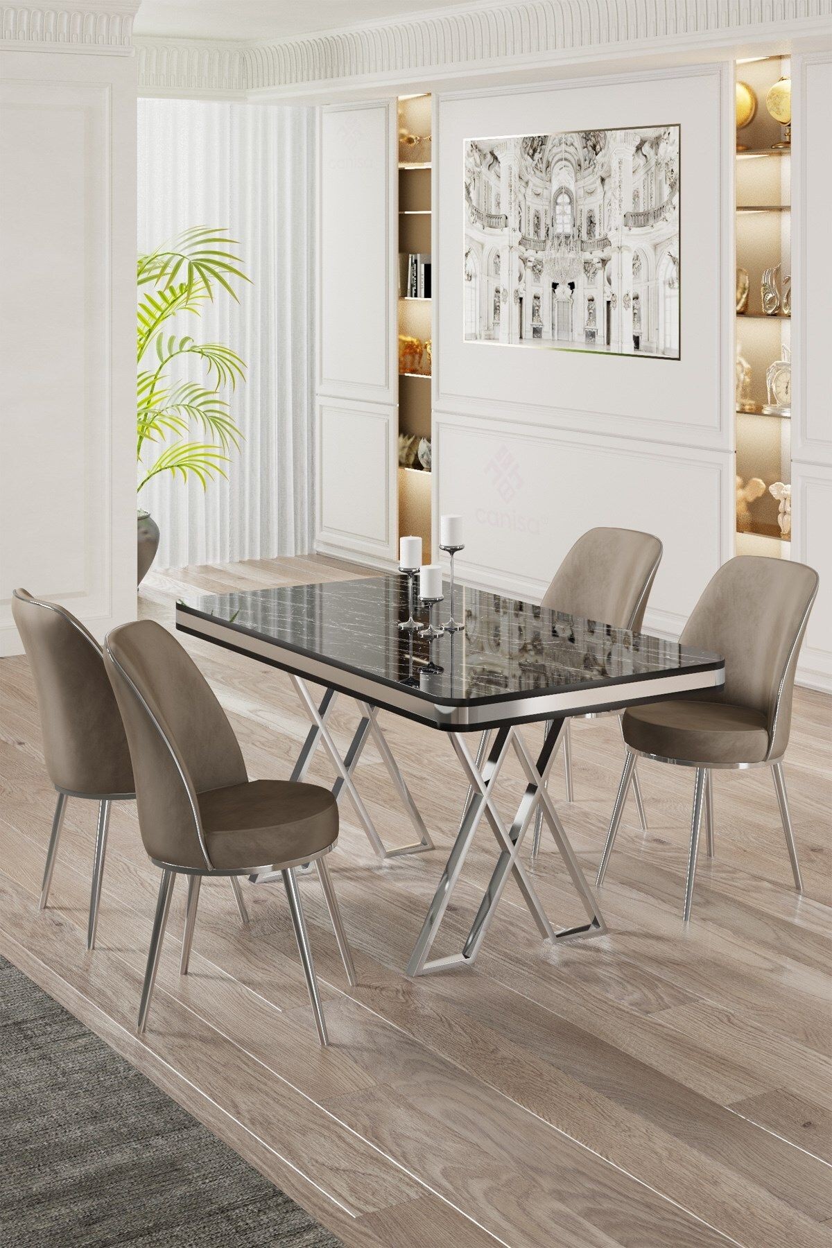 Vals Serisi 80x130 Lak Panel Sonata Masa ve 4 Sandalye Krom Kaplama Ayak