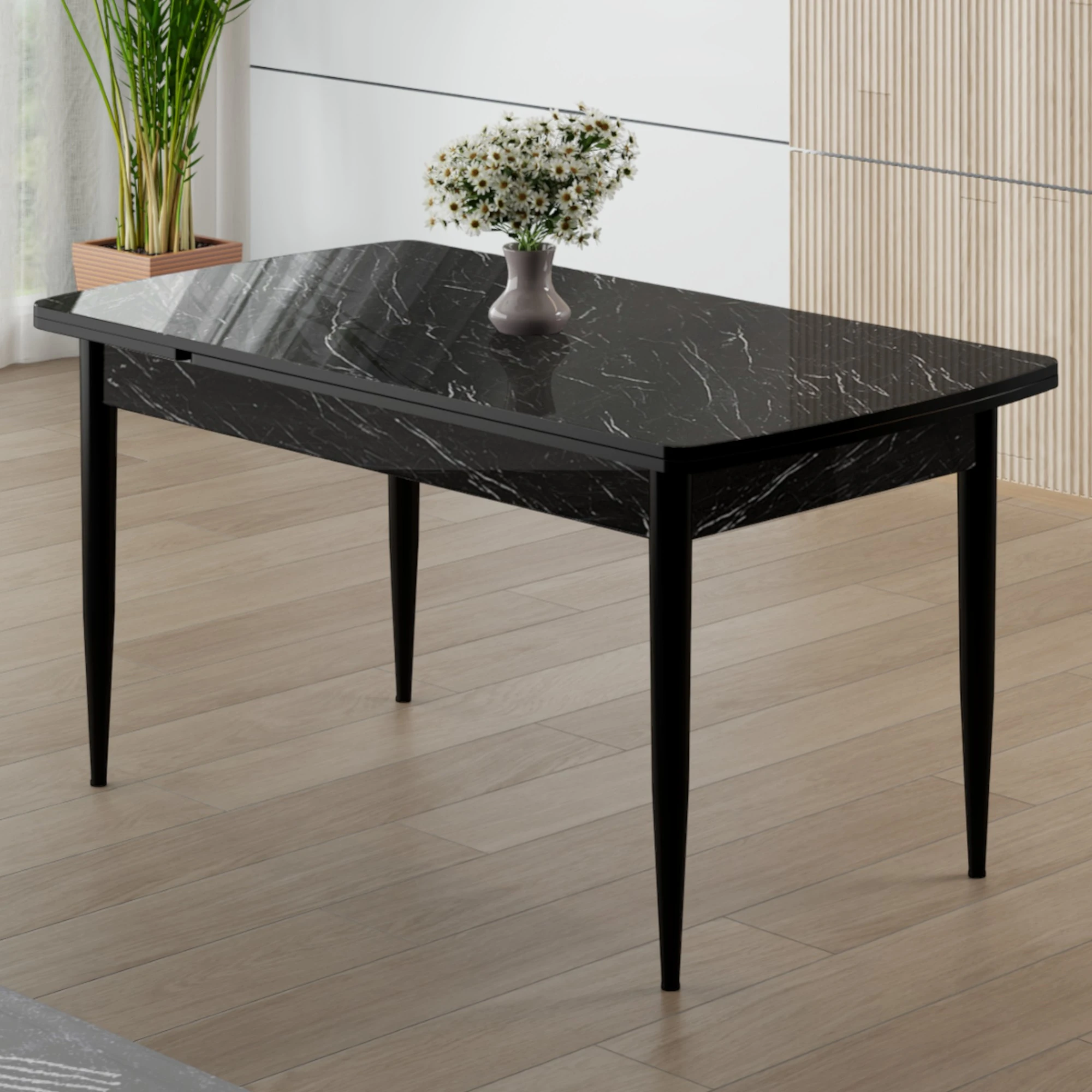 Asfel Serisi MDF 77x130 Siyah Mermer Desen Yandan Açılabilir Mutfak Masa Takımı 4 Sandalye