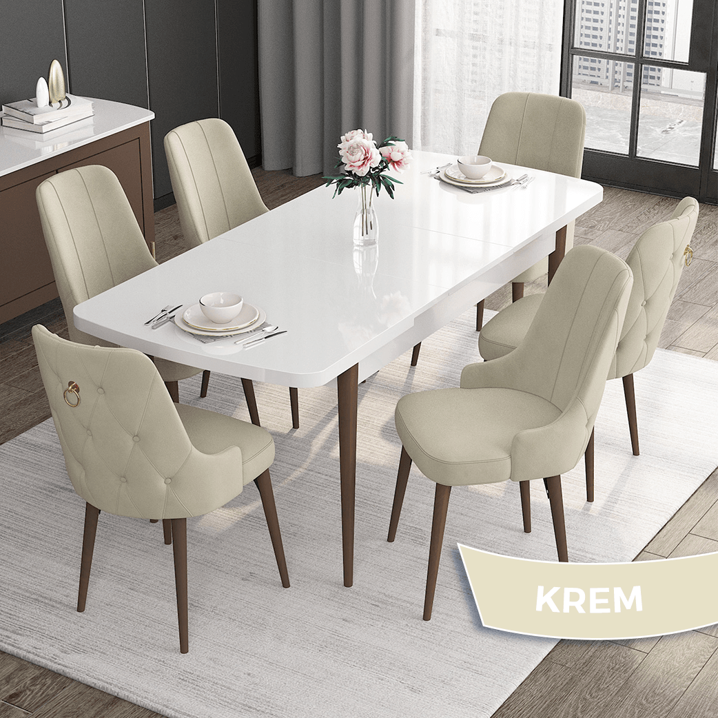 Noa Serisi 80x132 Mdf Açılabilir Gold Halka Beyaz Masa Ceviz Ayak Masa Takımı Ve 6 Sandalye