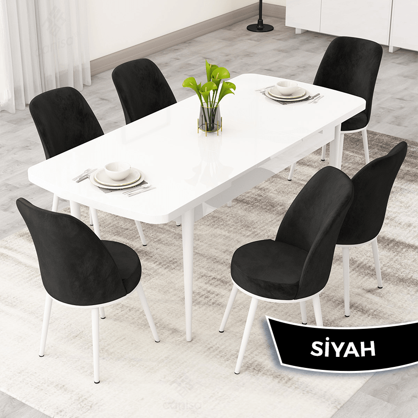 Nix Serisi 70x114 Açılabilir Beyaz Mutfak Masası Takımı ve 6 Sandalye