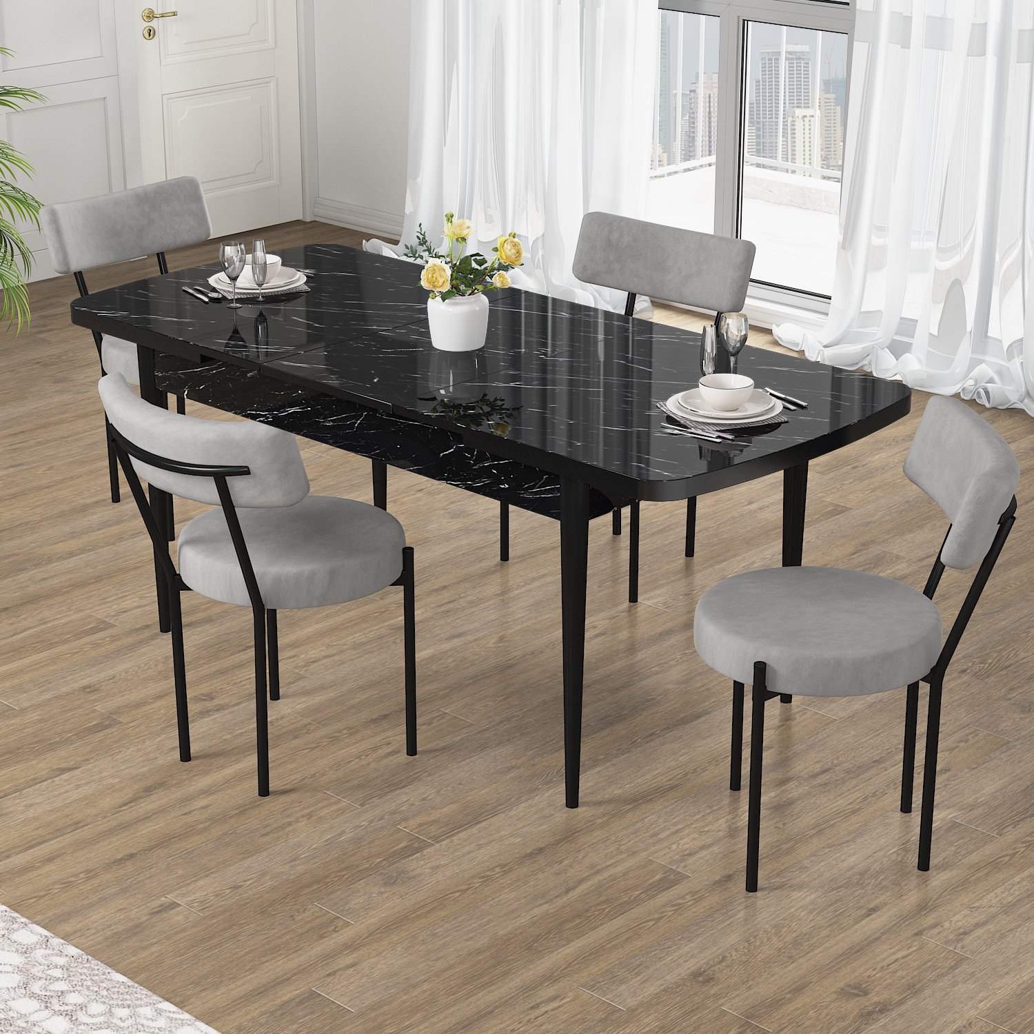 Puka Serisi 80x132 Açılabilir Siyah Mermer Desen Masa Takımı ve 4 Sandalye
