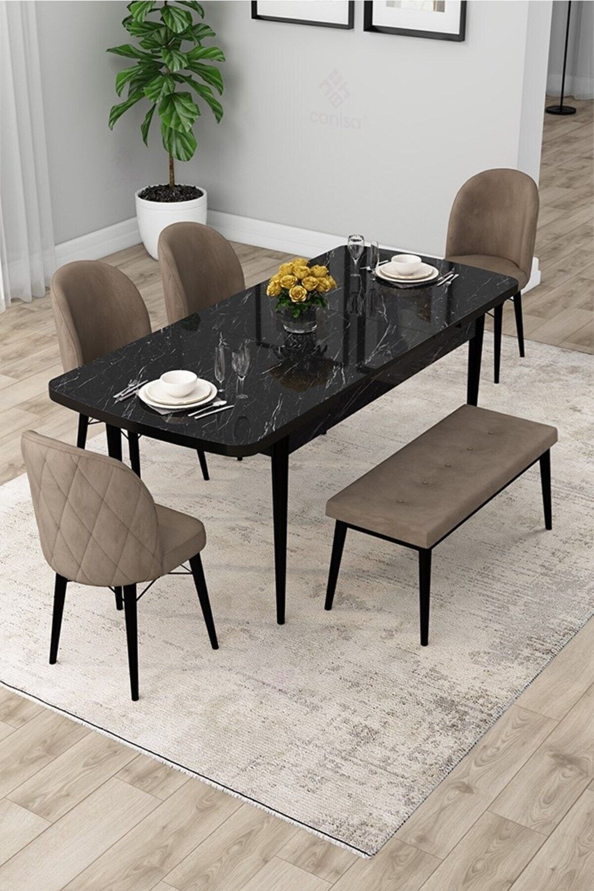 Rut Serisi 80x132 Açılabilir Siyah Mermer Desen Masa Takımı 4 Sandalye Ve 1 Bench