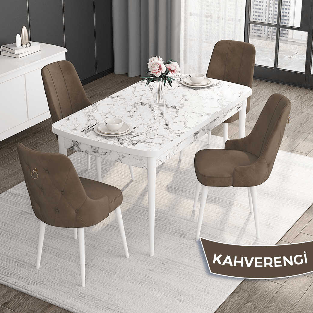 Noa Serisi 80x132 Mdf Açılabilir Gold Halka Beyaz Mermer Desen Masa Takımı Ve 4 Sandalye