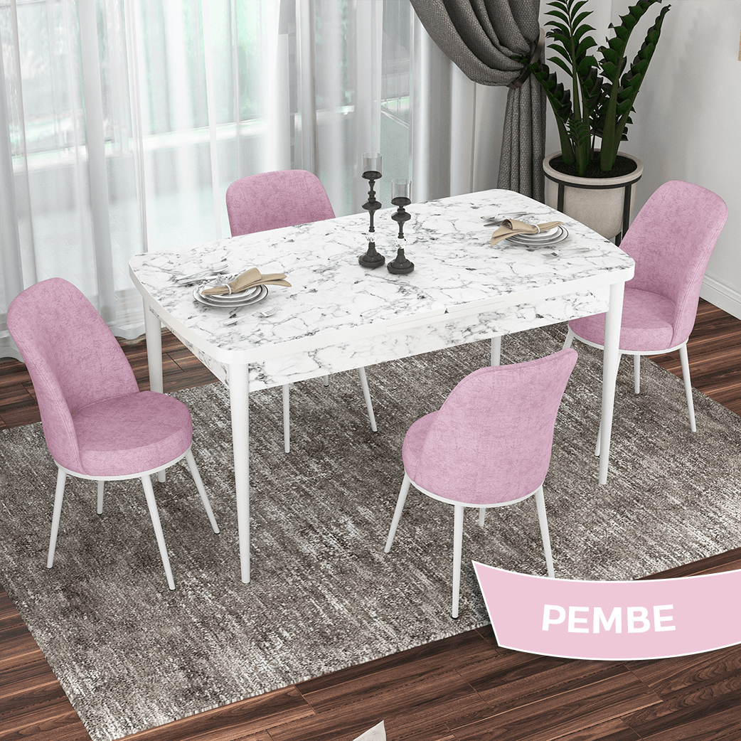 masa beyaz mermer desen sandalye pembe
