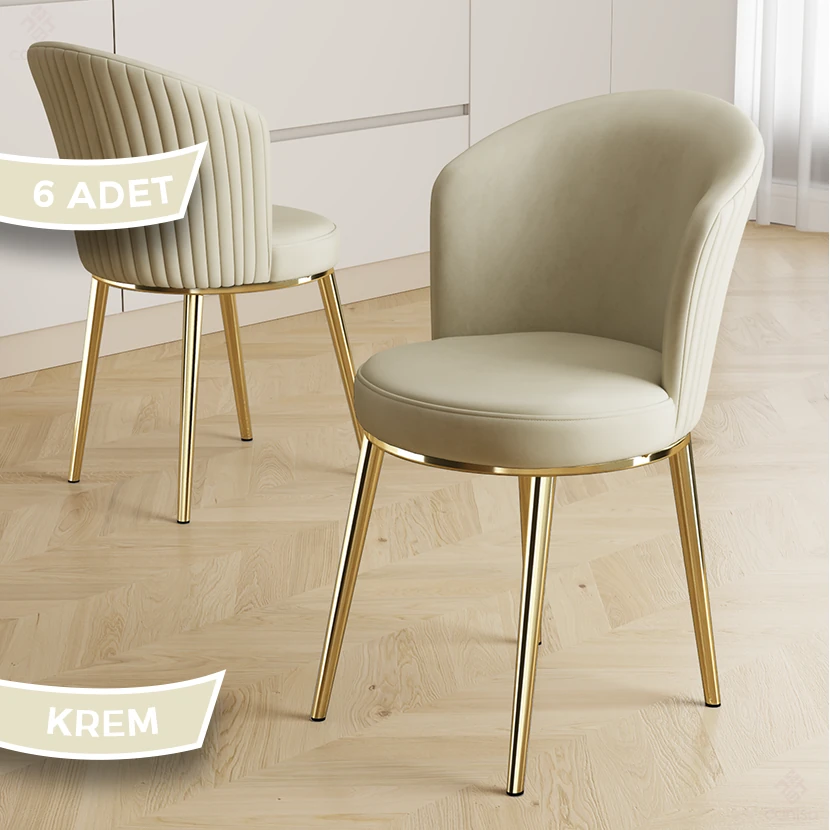 Risa Serisi 6 Adet Mutfak Sandalyesi Gold Kaplama Metal Ayak 1. Sınıf Babyface Kumaş