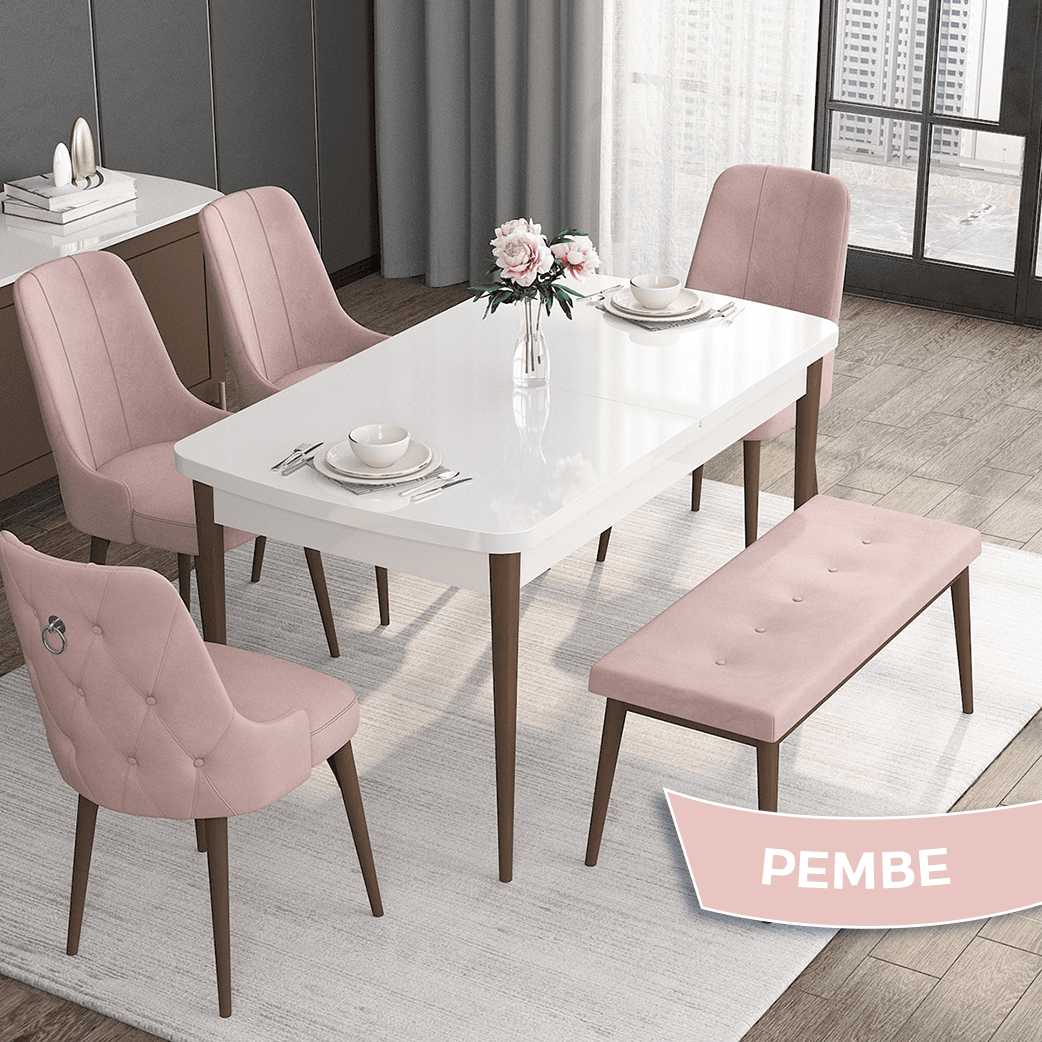 beyaz masa ceviz ayak sandalye pembe