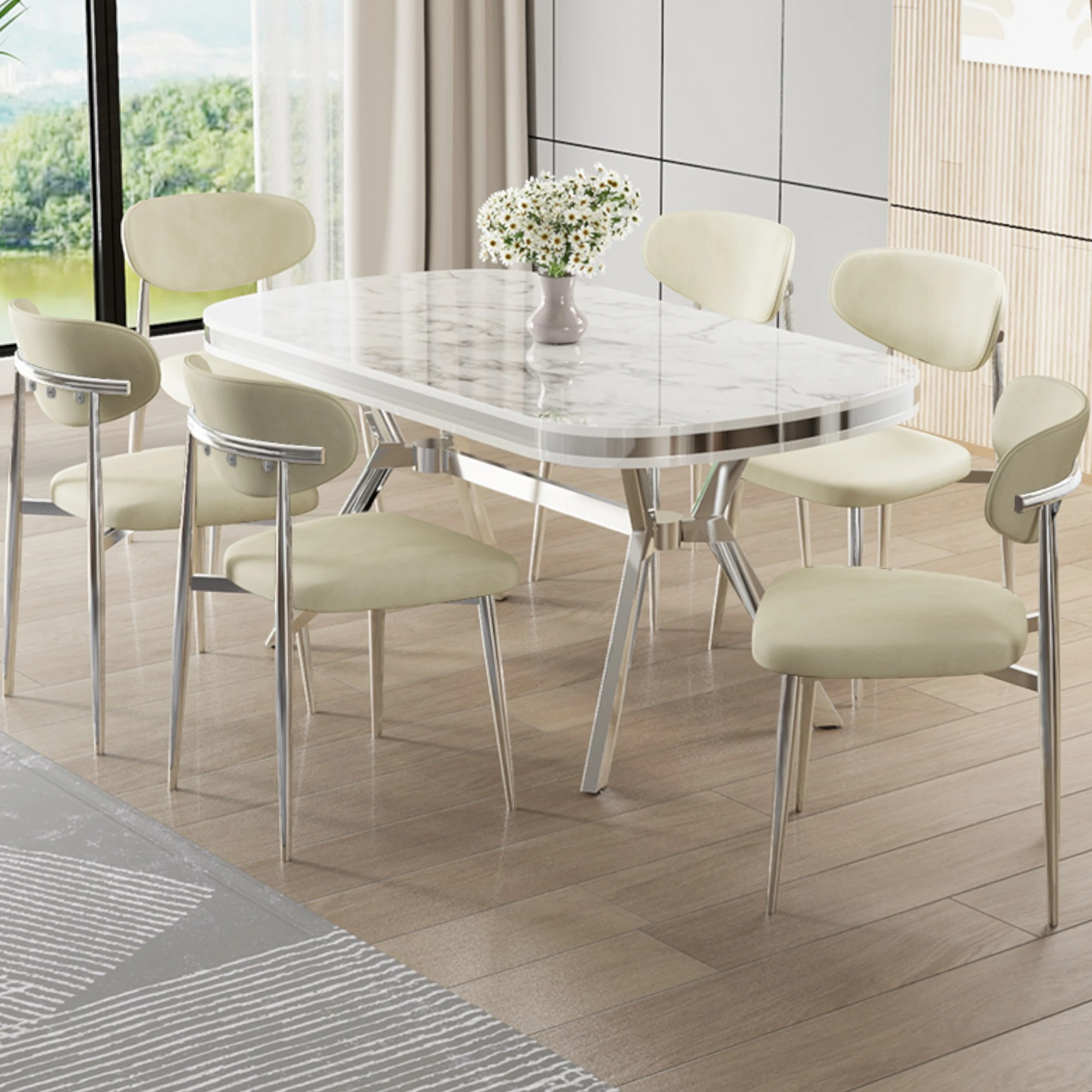 Beyaz Mermer Desen Masa Krem Sandalye Krom Ayakk