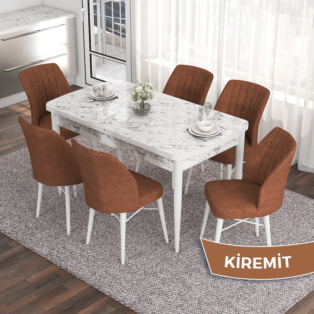 Beyaz Mermer Desen Masa / Kiremit Sandalye