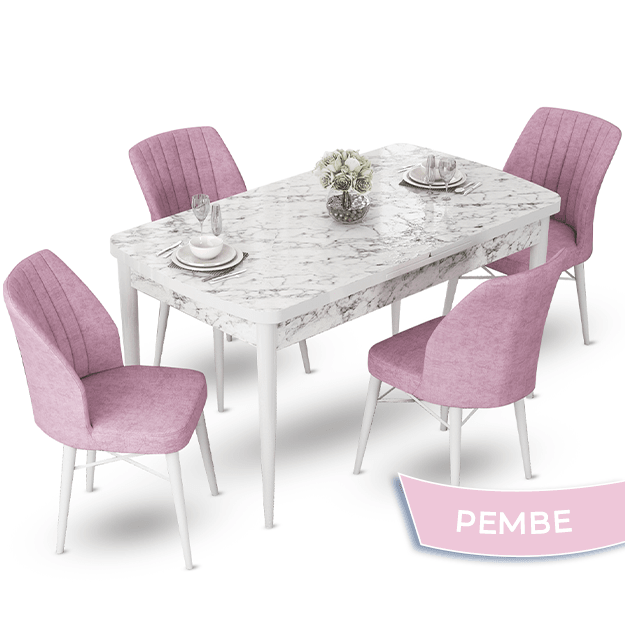 Fer Serisi 70x114 Açılabilir Beyaz Mermer Desen Masa Takımı ve 4 Sandalye