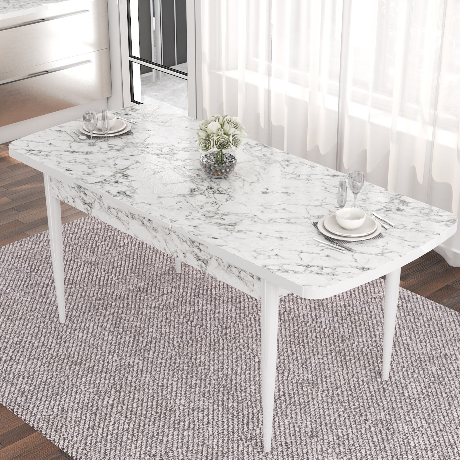 Taç Serisi 80x132 Açılabilir Gümüş Halka Beyaz Mermer Desen Masa Takımı ve 6 Sandalye