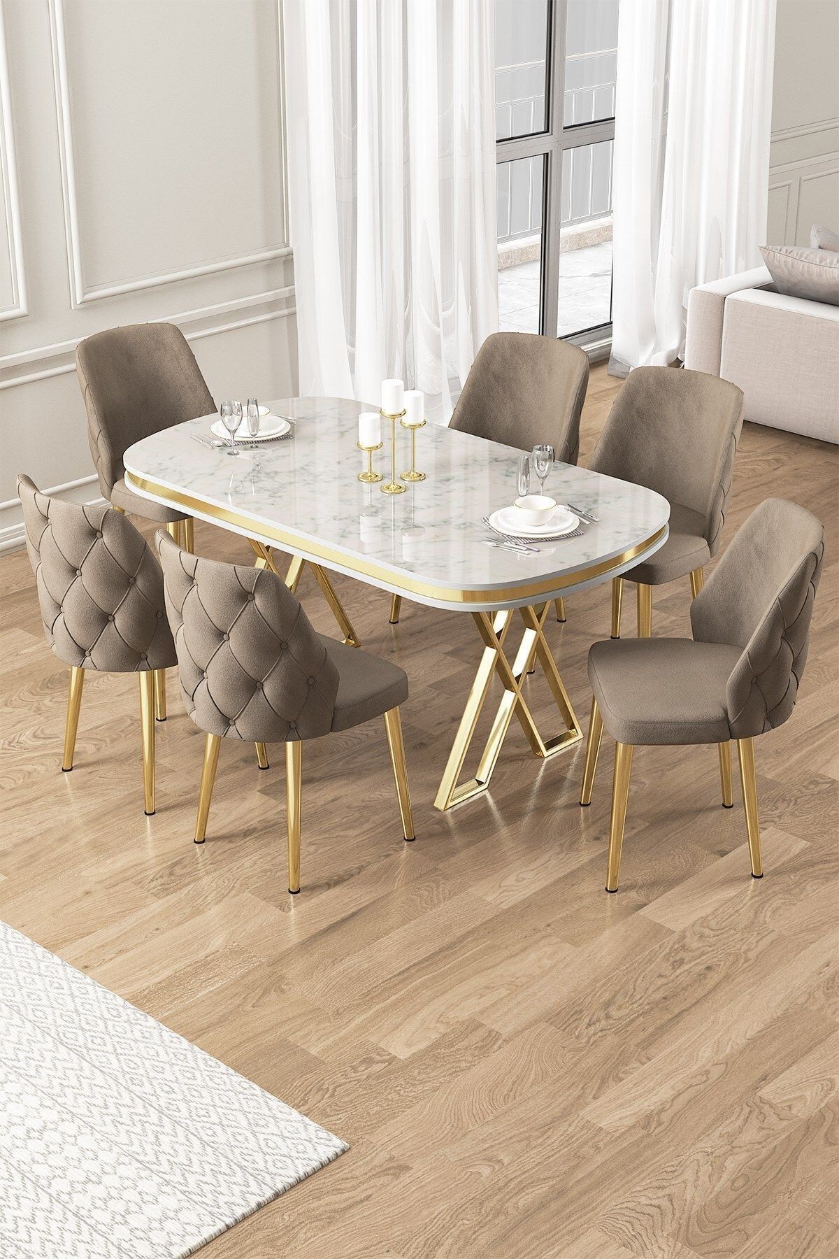 Afe Serisi 90x168 Lak Panel Beyaz Mermer Desen Masa ve 6 Sandalye Gold Kaplama Ayak