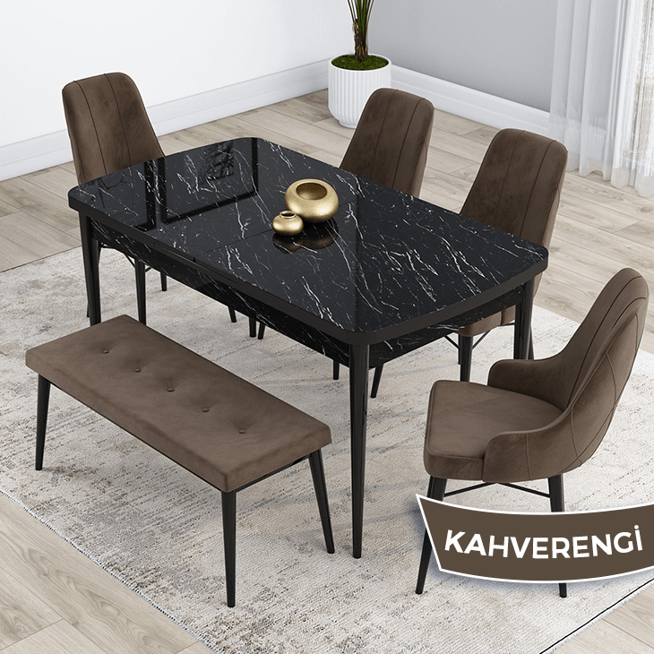 Kar Serisi 80X132 Mdf Açılabilir Siyah Mermer Desen Masa Takımı 4 Sandalye Ve 1 Bench