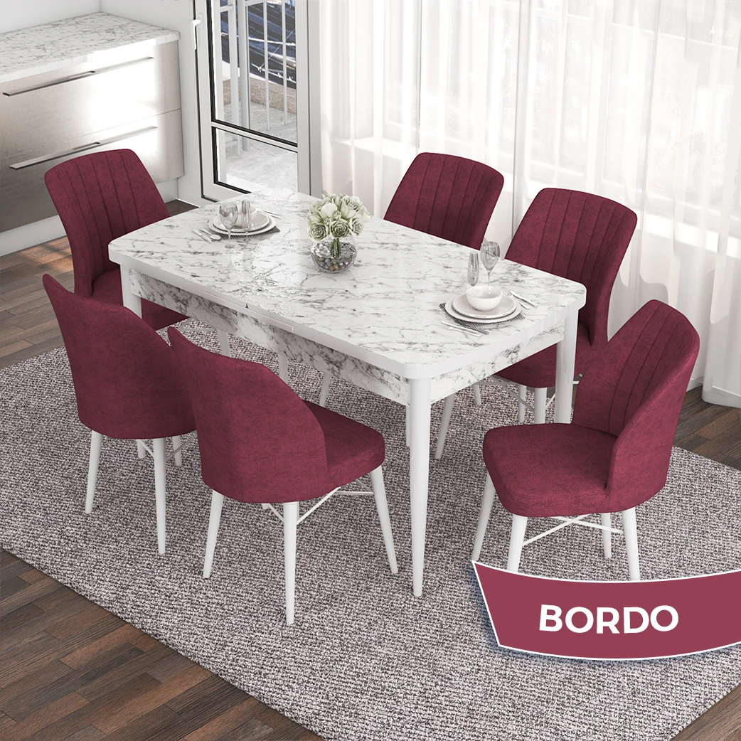Beyaz Mermer Desen Masa / Bordo Sandalye