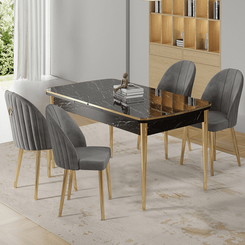 Siyah Mermer Desen Masa Gri Sandalye Gold Detay