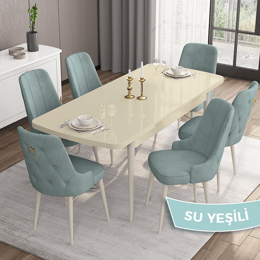 masa krem sandalye su yeşili