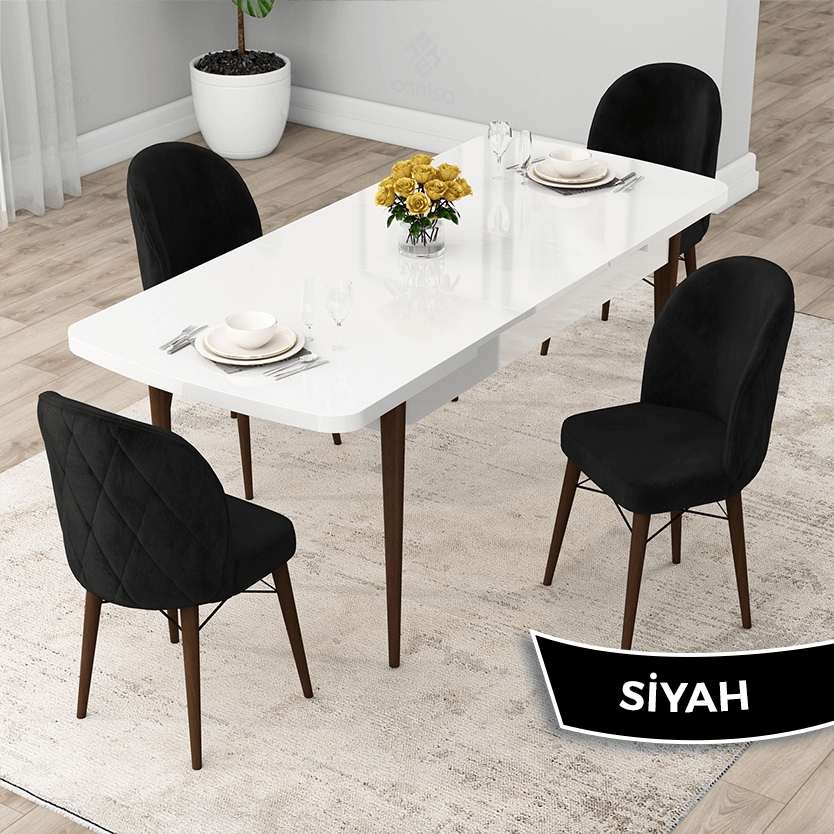 beyaz masa ceviz ayaklar sandalye siyah