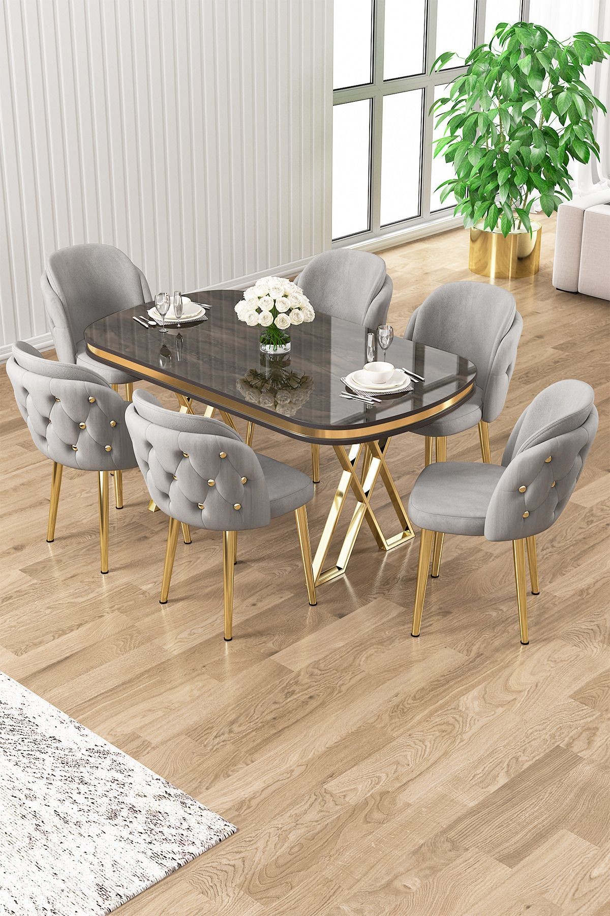 Zae Serisi 90x168 Lak Panel Antrasit İroni Masa ve 6 Sandalye Gold Kaplama Ayak